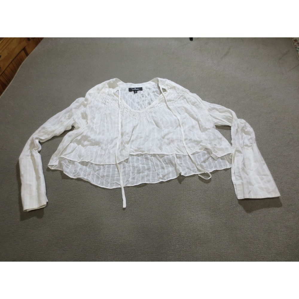 Lulus Womens Shirt Small Long White Bell Sleeve Sheer Boho Crop Blouse